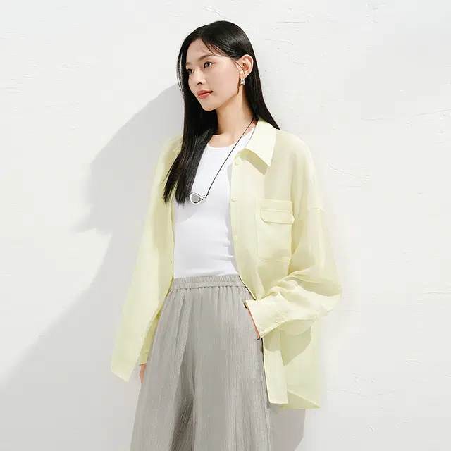 玖姿安娜蔻 纯色翻领宽松长袖衬衫 女款