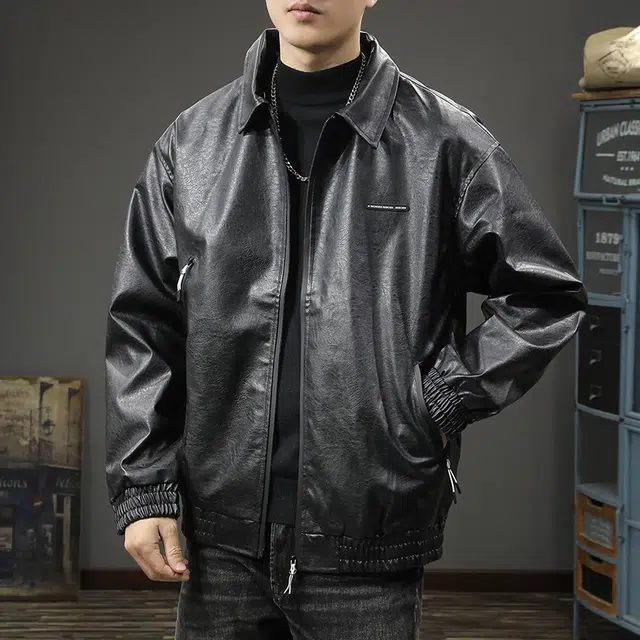 前进牛 秋季美式休闲经典潮牌酷感复古机车宽松潮流百搭痞帅翻领皮衣 男款