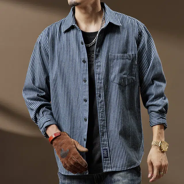 贵色 休闲百搭牛仔翻领帅气大码美式复古条纹潮流百搭叠穿蓝色长袖衬衫 男女同款