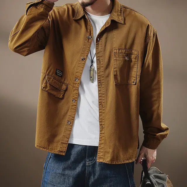 贵色 高端美式复古潮牌长袖设计感拼接口袋休闲工装夹克外套衬衫 男女同款