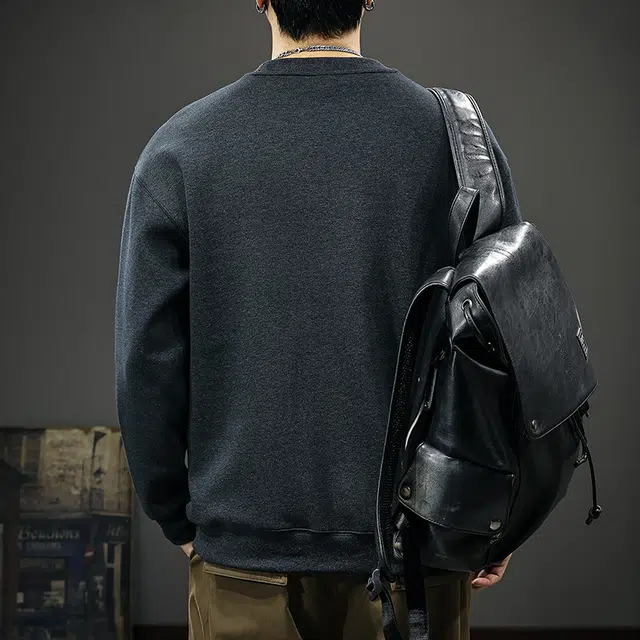 前进牛 美式经典复古潮流麦穗棉长袖极简风圆领秋季潮牌宽松休闲户外百搭拼接外套卫衣 男款