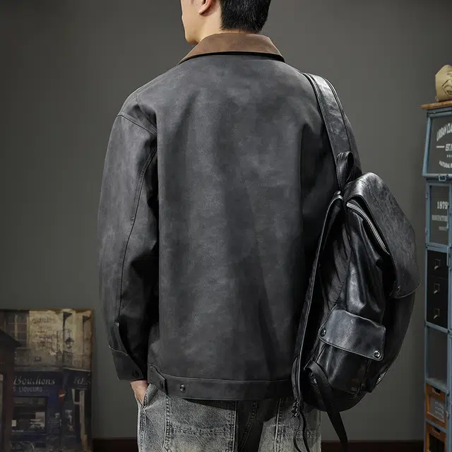 前进牛 秋季阿美咔叽经典潮牌军事风宽松款潮流美式复古户外机能撞色翻领机车外套皮衣 男款