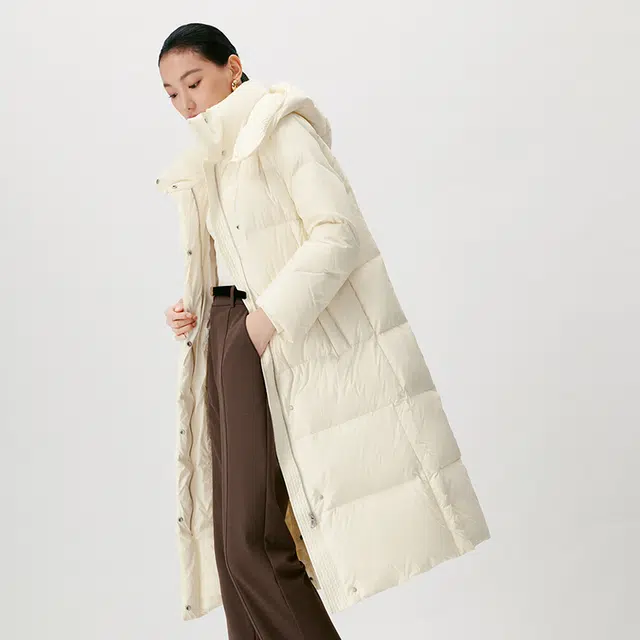 太平鸟 长款连帽羽绒服 女款 米白