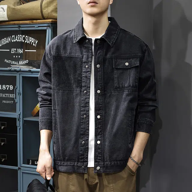 前进牛 秋季美式休闲经典复古潮牌军事风高街痞帅重磅水洗潮流百搭宽松翻领工装夹克牛仔外套 男款