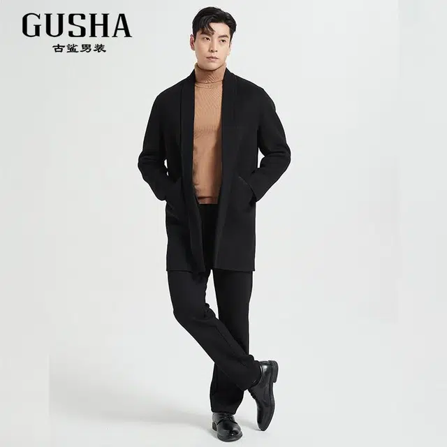 古鲨 无扣羊毛商务简约儒雅毛呢外套大衣 男款