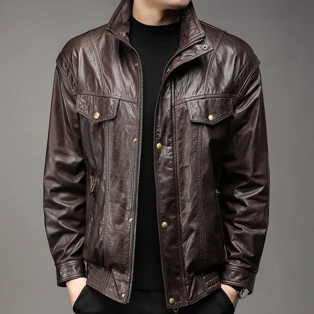太子龍 品牌高端牛皮真皮春秋季时尚防风机车皮夹克中青年外套皮衣 男款