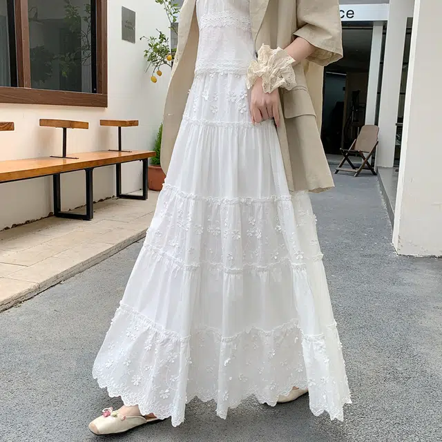 纤丝鸟 设计感小众半身裙气质显瘦长款重工蛋糕裙休闲长裙 女款 白色