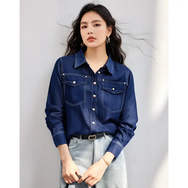 爱依莲 翻领衬衣气质港风叠穿时尚简约百搭牛仔上衣长袖衬衫 女款 蓝色