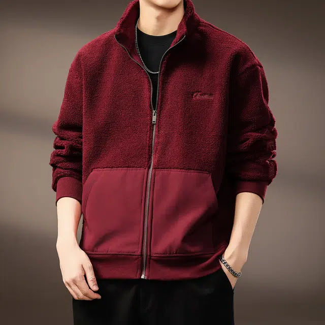 贵色 美式潮流羊羔绒棉长袖舒适柔软潮牌复古风穿搭休闲拼接拼色创意设计休闲立领上衣绒感外套 男女同款