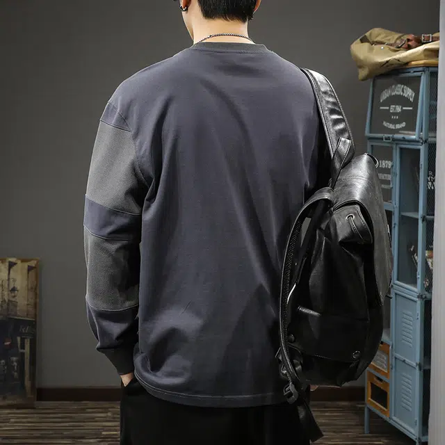 前进牛 韩式休闲经典潮牌高级感老钱风重磅拼接长袖宽松大码内搭纯棉打底衫套头圆领卫衣 男款