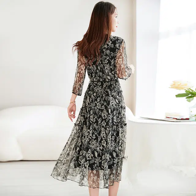 水墨佳人 印花时尚显瘦百搭舒适短袖连衣裙 女款 黑色