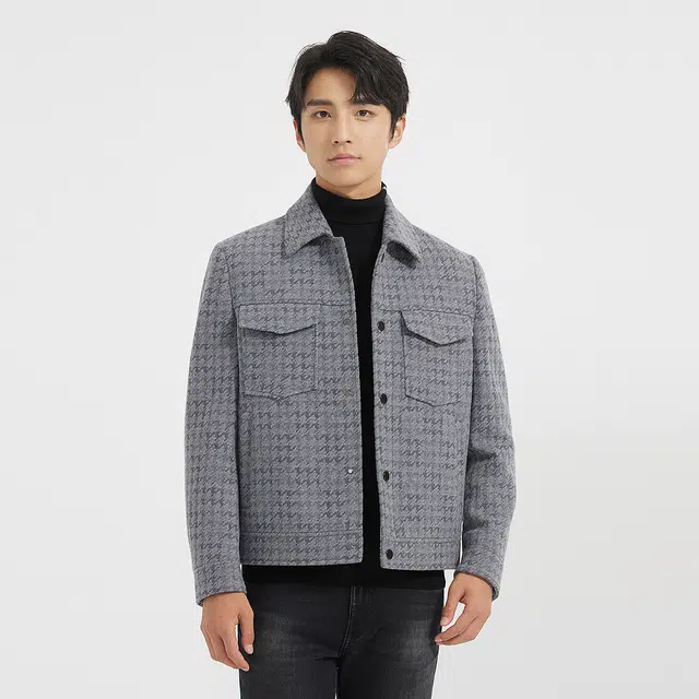 利郎 保暖格子翻领口袋装饰时尚都市毛呢冬季大衣 男款