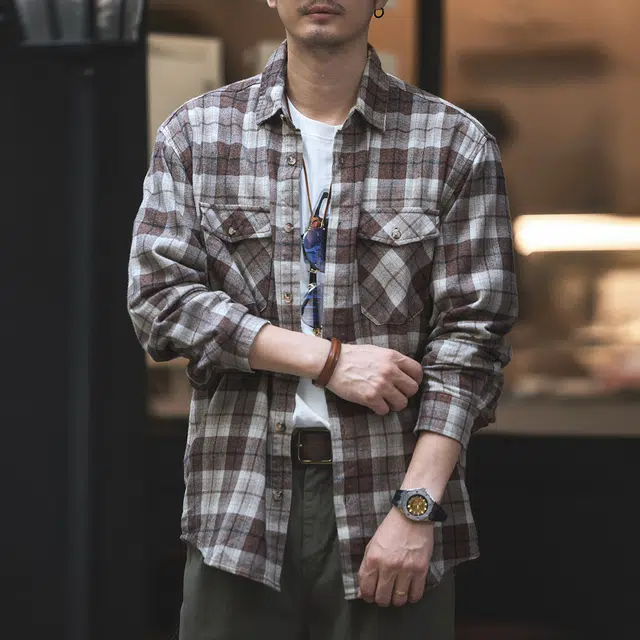 格蓝鹿 极简松弛感简约高街高端日系复古做旧磨毛格子外套长袖衬衫 男女同款