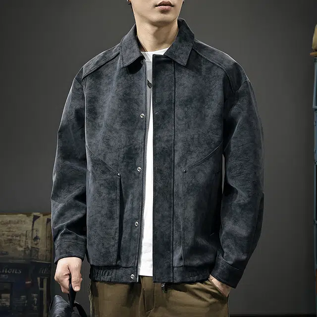 前进牛 美式休闲复古潮牌军事工装风潮流百搭宽松大码痞帅翻领飞行员外套皮衣 男款