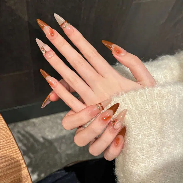 凡泽 高冷  穿戴甲 尖型美拉德渐变 磨砂