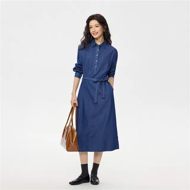 佐丹奴 纯棉薄款口袋绑带翻领牛仔长袖连衣裙 女款