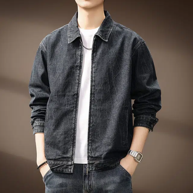 贵色 美式复古保暖提花肌理潮牌翻领休闲牛仔外套 男女同款