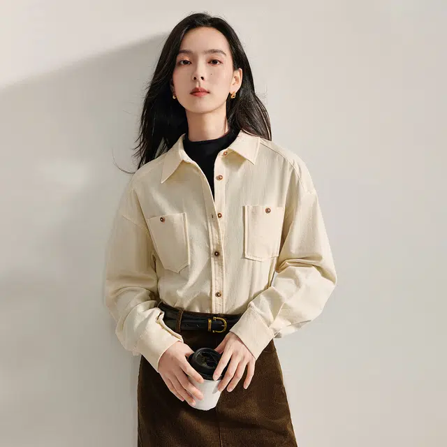 茵曼 纯色翻领宽松百搭长袖衬衫 女款