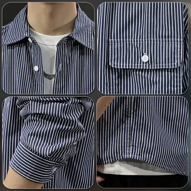 前进牛 美式休闲轻商务高端复古条纹长袖男士休闲百搭衬衫 男女同款