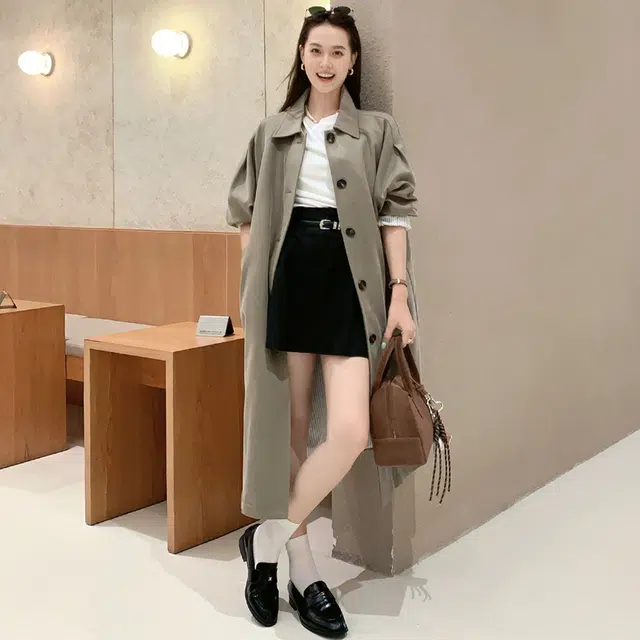 美洋 巴黎旧梦帅气英伦翻领宽松插肩长款外套风衣 女款 军绿色