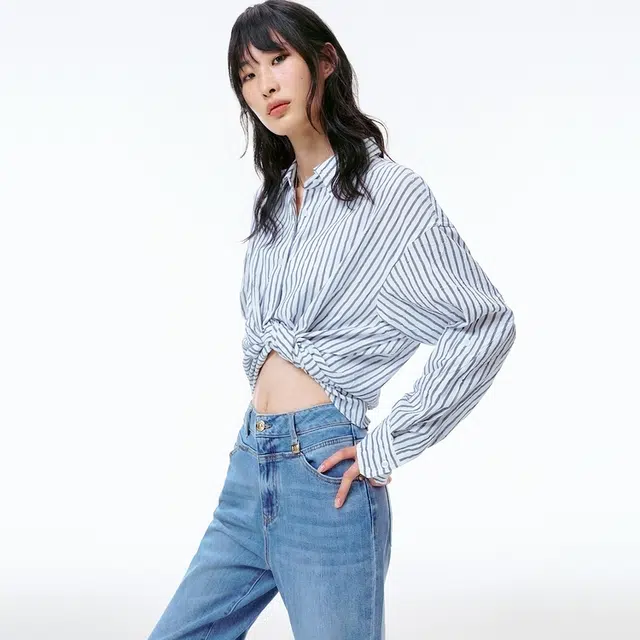 太平鸟 肌理条纹撞色刺绣廓形落肩长袖衬衫 女款 黄昏蓝