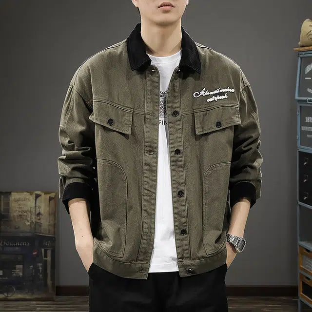 前进牛 秋季美式休闲复古潮牌军事风痞帅撞色翻领外穿衬衣潮流百搭水洗宽松休闲上衣牛仔外套 男款