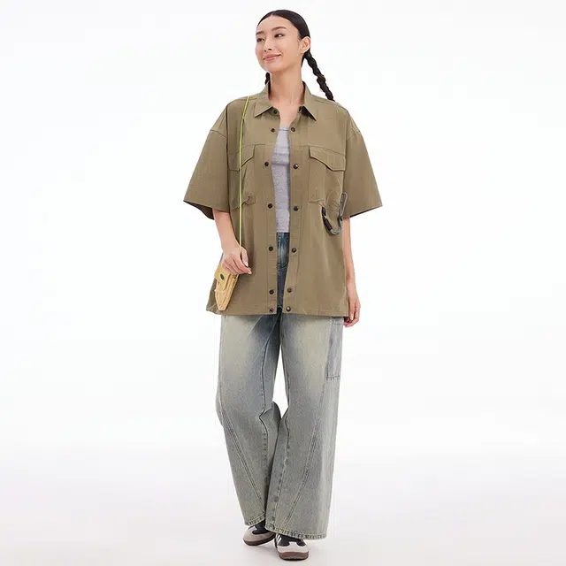 美特斯邦威 山系户外工装肌理宽松短袖衬衫 男女同款