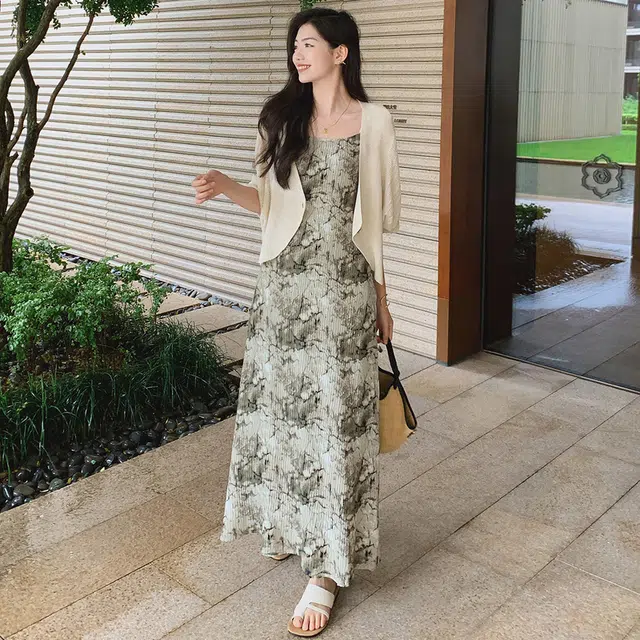 美洋 扬州慢 压褶印花复古度假通勤吊带连衣裙 女款 绿色