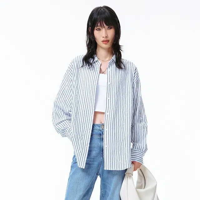 太平鸟 肌理条纹撞色刺绣廓形落肩长袖衬衫 女款 黄昏蓝