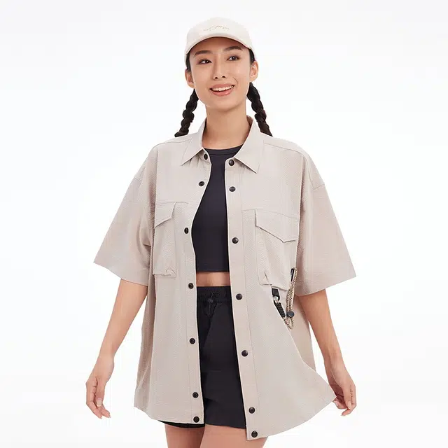 美特斯邦威 山系户外工装肌理宽松短袖衬衫 男女同款
