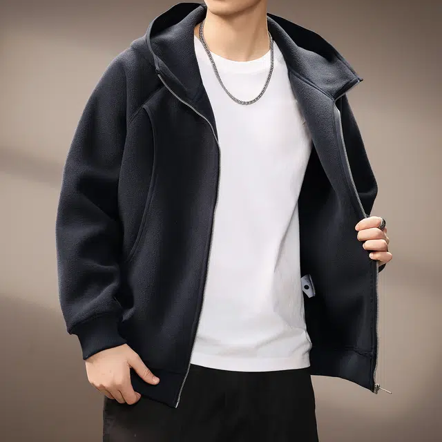 贵色 高端美式复古连帽纯色简约百搭绒感外套 男女同款