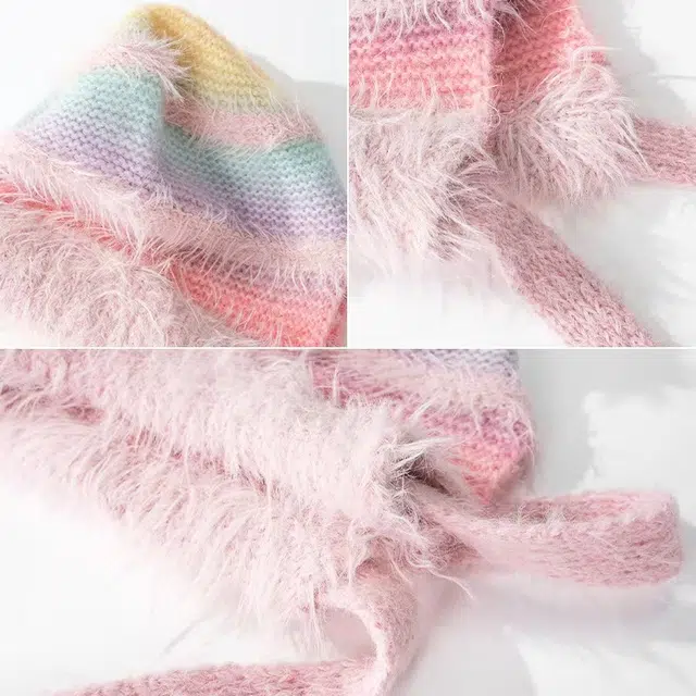 恩僾德 日系原宿渐变色条纹保暖毛绒帽子显脸小女秋冬系带小众百搭高颜值护耳针织套头 聚酯纤维 绒线帽 男女同款情侣款