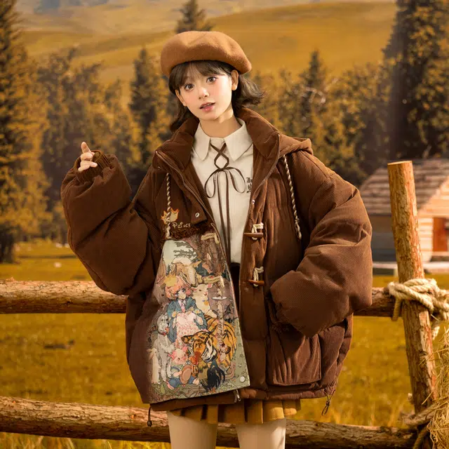 Sen Female Tribe Melard Vintage Oil Painting Series Down Jacket Brown