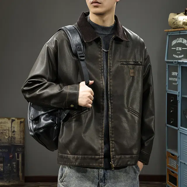 前进牛 潮牌高街痞帅翻领复古长袖皮衣 男款