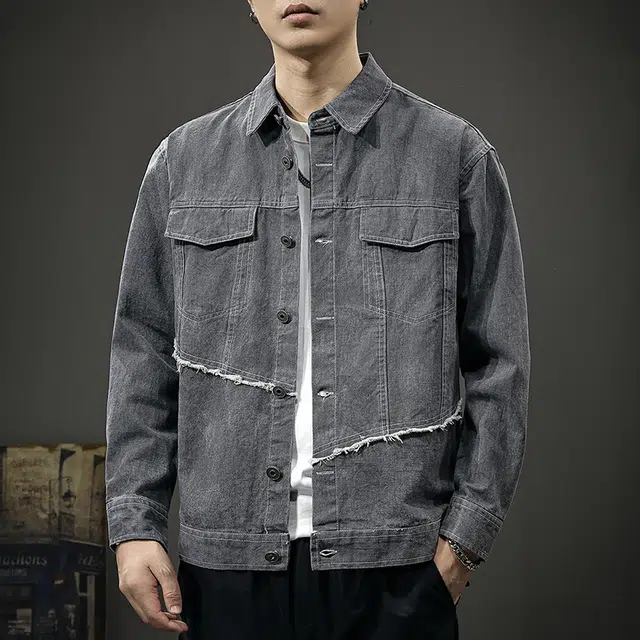 前进牛 美式经典复古潮牌高街痞帅耐磨拼接毛边潮流嘻哈街头纯棉洗褪印花做旧翻领工装牛仔外套 男款