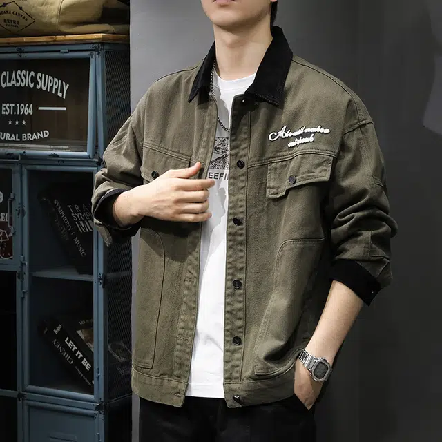 前进牛 秋季美式休闲复古潮牌军事风痞帅撞色翻领外穿衬衣潮流百搭水洗宽松休闲上衣牛仔外套 男款