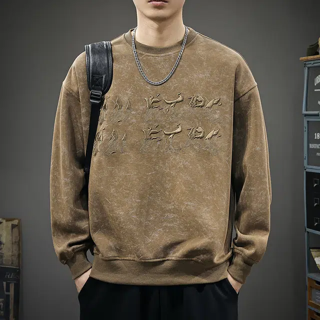 前进牛 美式经典复古潮牌运动风哥特字母刺绣宽松大码圆领休闲户外百搭潮流长袖上衣卫衣 男款