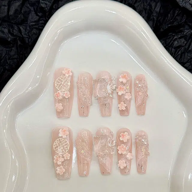 凡泽 窗花桃花冻冻  穿戴甲 长款裸粉纯色 纯欲
