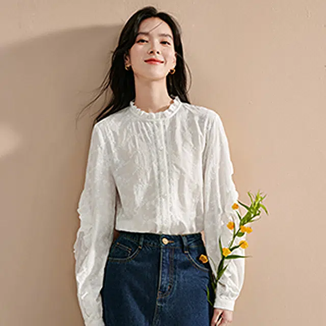 茵曼 法式通勤宽松立领长袖衬衫 女款 米白色