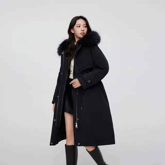 波司登 三合一貉子毛领连帽腰部抽绳长款派克羽绒服 女款