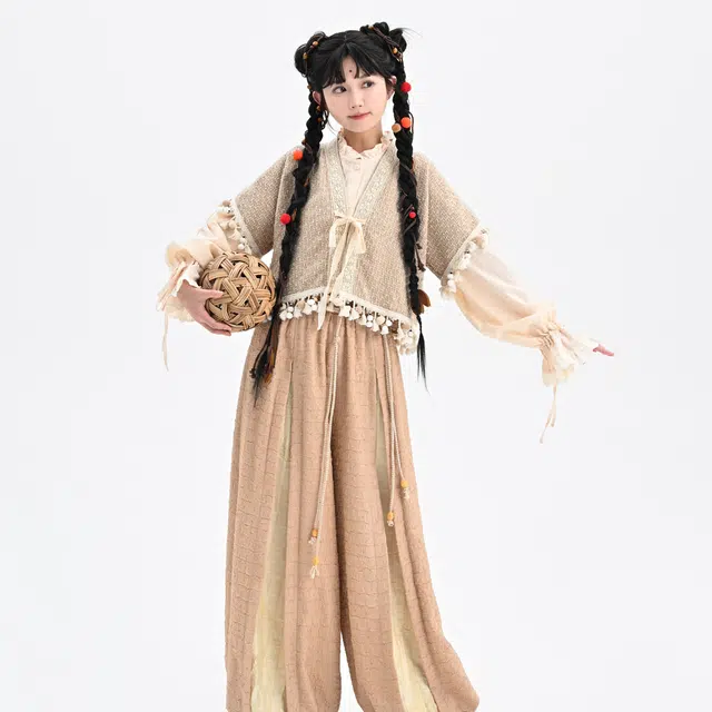 森女部落 基础款花边立领宽松长袖衬衫 女款 杏色