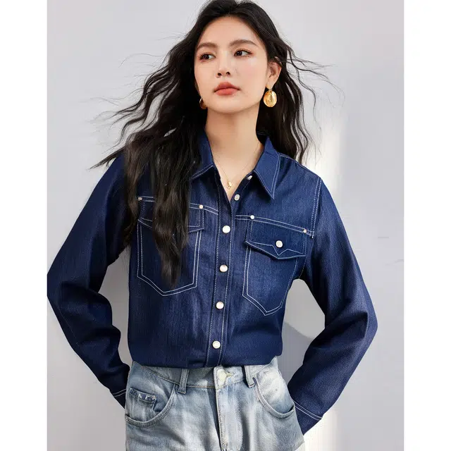爱依莲 翻领衬衣气质港风叠穿时尚简约百搭牛仔上衣长袖衬衫 女款 蓝色