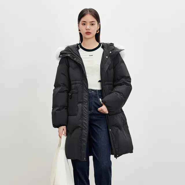 太平鸟 零重力毛领中长款连帽保暖面包服羽绒服 女款