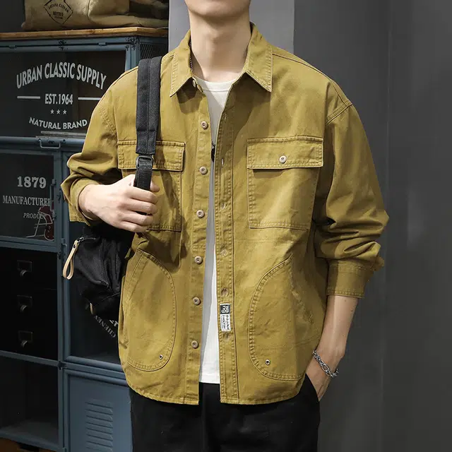 前进牛 秋季美式休闲经典复古潮牌长袖衬衫潮流宽松痞帅休闲牛仔外套 男款