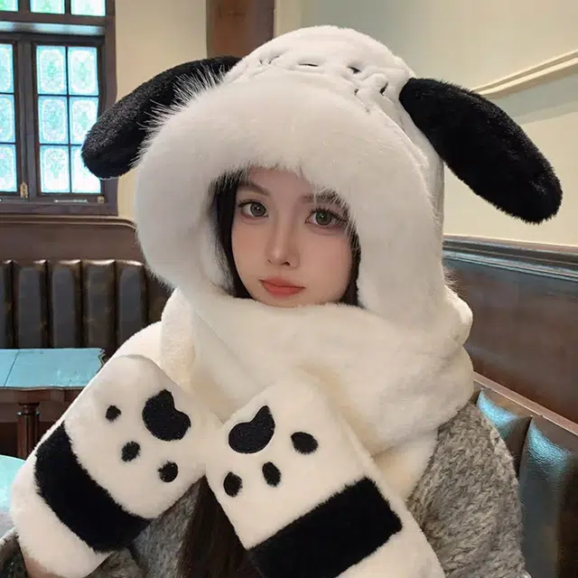 恩僾德 可爱卡通猫咪毛绒帽子围巾手套一体三件套女小众显脸小秋冬季加绒保暖雷锋帽 聚酯纤维 斗篷帽 男女同款情侣款