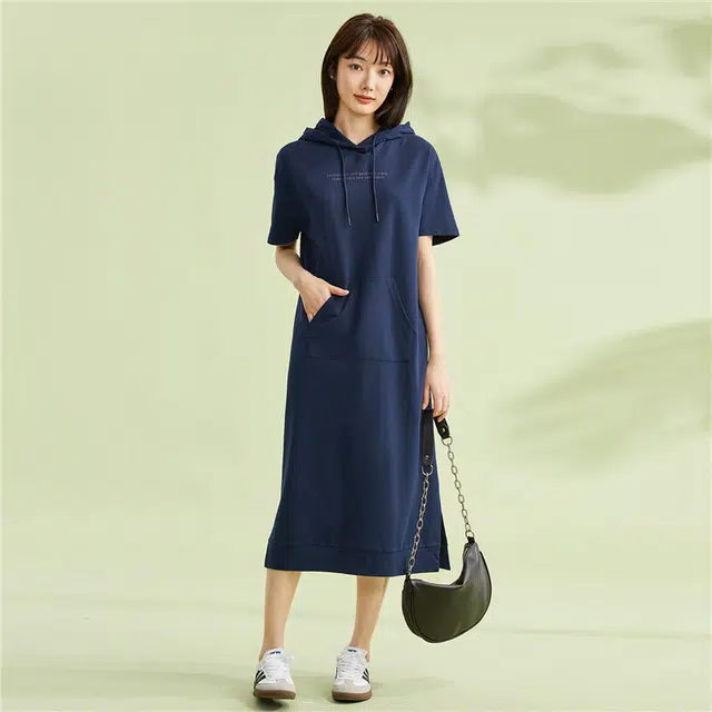 佐丹奴 针织字母印花连帽卫衣短袖连衣裙 女款