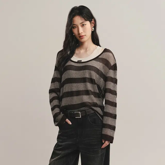 太平鸟 宽松慵懒莱赛尔条纹真两件背心套衫时尚百搭透气针织衫 女款