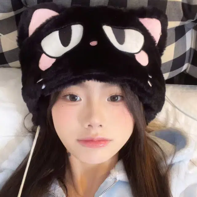 恩僾德 可爱猫耳朵毛绒绒加绒加厚保暖骑车 聚酯纤维 帽子 男女同款情侣款