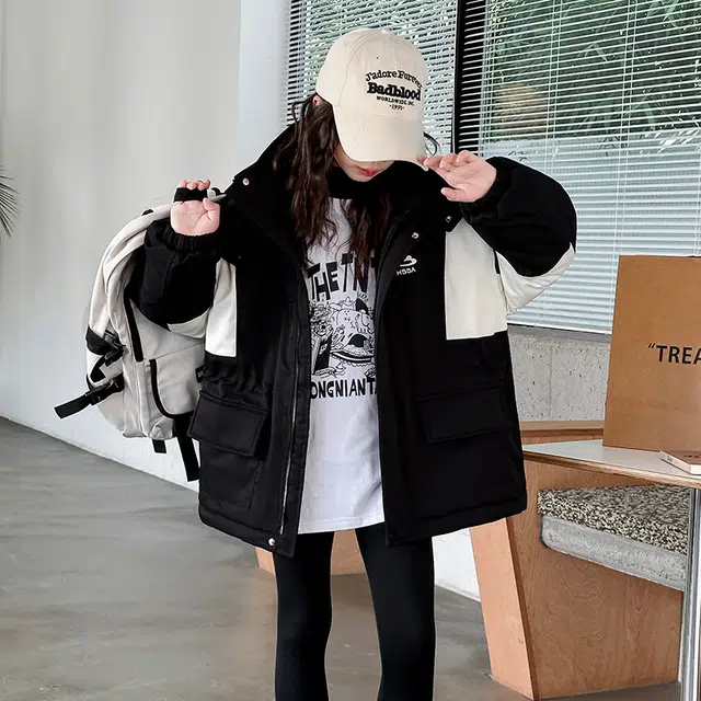 雅鹿棉衣 时尚潮流甜美气质保暖加绒加厚拼色宽松轻盈 黑色 青少年