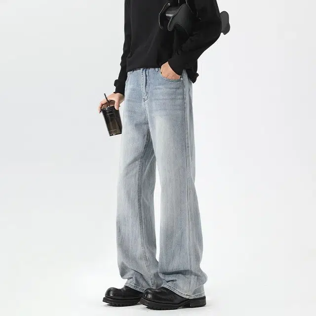 童先森 闪电纹潮牌美式水洗修身直筒牛仔裤 男款